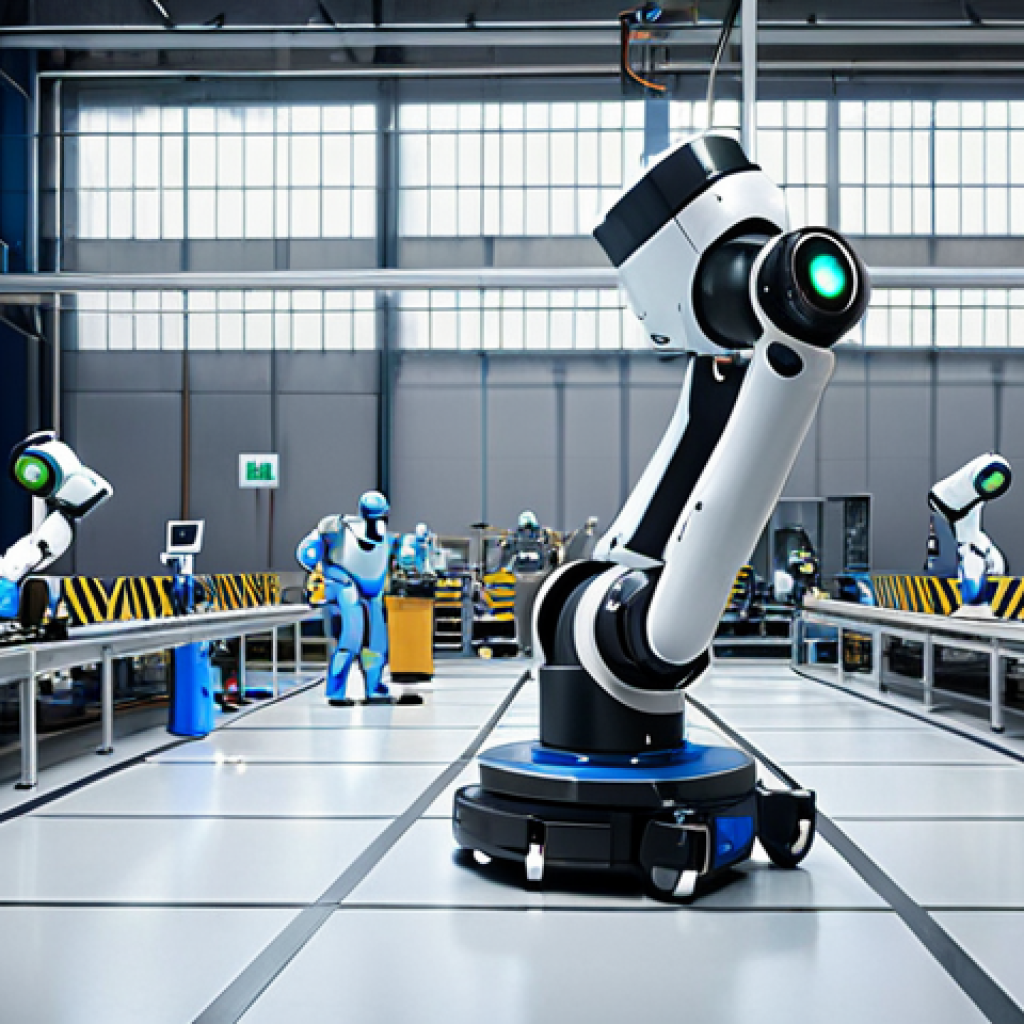 **A modern, smart factory floor showcasing collaborative robots (cobots) working alongside industrial engineers. The scene should highlight increased production speed, reduced errors, and a safer working environment.**