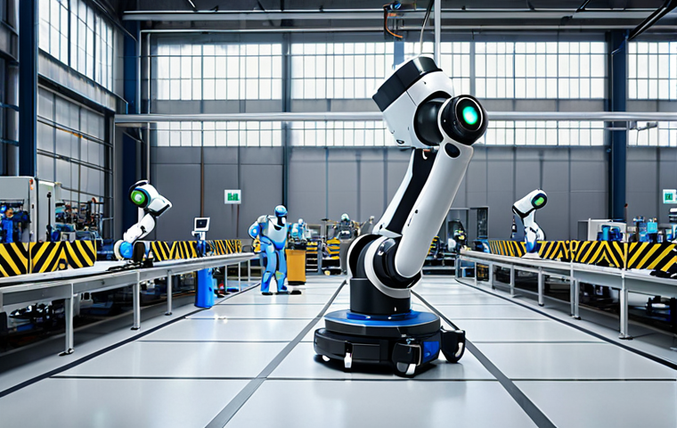 **A modern, smart factory floor showcasing collaborative robots (cobots) working alongside industrial engineers. The scene should highlight increased production speed, reduced errors, and a safer working environment.**