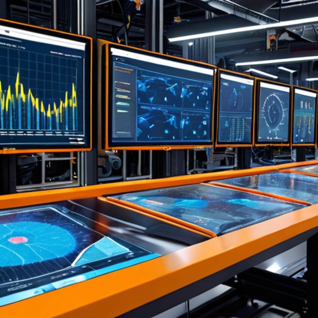 **

A vibrant, futuristic manufacturing plant.  A gleaming physical assembly line is partially overlaid with a semi-transparent, glowing digital twin.  Data visualizations (graphs, charts) float around the digital twin, showing real-time performance metrics.  The overall feeling should be one of efficiency and technological advancement in "मैन्युफैक्चरिंग".

**