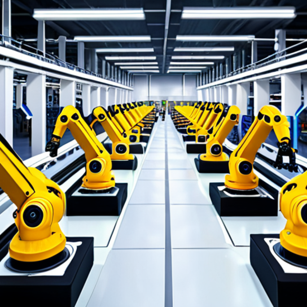Automated Factory Floor**

Prompt: "Futuristic factory floor, robotic arms assembling products with precision, reinforcement learning AI controlling the process, efficient production line, advanced technology, bright and clean environment."

**
