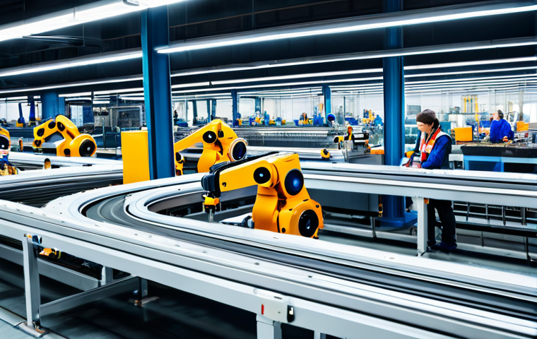 **Optimized Production Line:** "A modern factory production line, robotic arms assembling products, conveyor belts moving efficiently, fully clothed workers overseeing the process, safe for work, professional setting, perfect anatomy, natural proportions, well-lit, high quality."