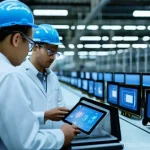 산업공학에서의 통계 분석 - **A modern, bustling factory floor at dawn.** Industrial engineers, dressed in smart-casual workwear...