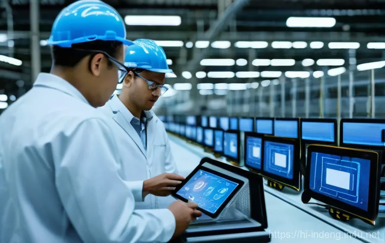 산업공학에서의 통계 분석 - **A modern, bustling factory floor at dawn.** Industrial engineers, dressed in smart-casual workwear...