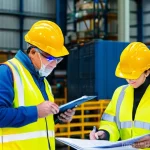 산업공학과 리스크 평가 - **Prompt:** A diverse group of adult male and female industrial workers collaborating in a brightly ...