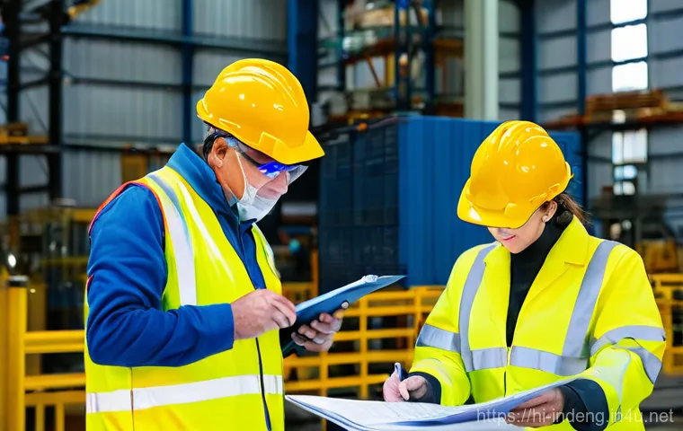 산업공학과 리스크 평가 - **Prompt:** A diverse group of adult male and female industrial workers collaborating in a brightly ...