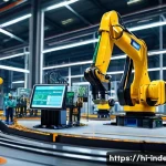 산업공학과 클린 에너지 시스템 - A modern industrial factory interior showcasing smart manufacturing technology in action: advanced a...