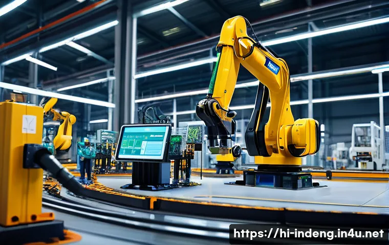 산업공학과 클린 에너지 시스템 - A modern industrial factory interior showcasing smart manufacturing technology in action: advanced a...