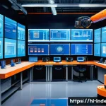 산업공학과 IoT 보안 - A modern smart factory interior with interconnected IoT devices including industrial robots, sensors...