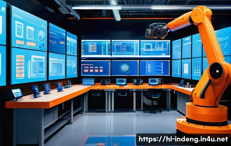 산업공학과 IoT 보안 - A modern smart factory interior with interconnected IoT devices including industrial robots, sensors...
