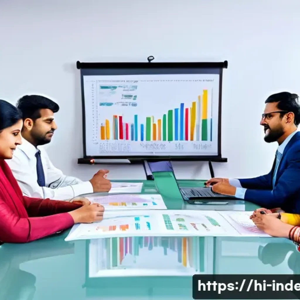 산업공학의 경제성 평가 기법 - An office scene showing a diverse group of Hindi-speaking professionals in traditional and modern at...