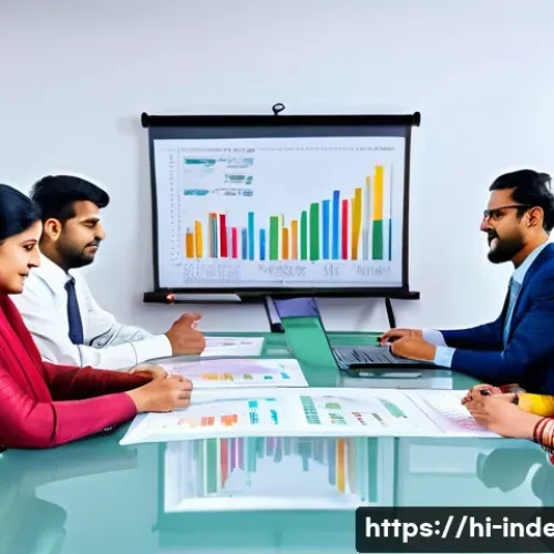 산업공학의 경제성 평가 기법 - An office scene showing a diverse group of Hindi-speaking professionals in traditional and modern at...