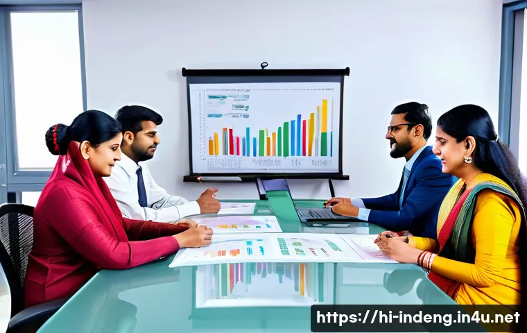 산업공학의 경제성 평가 기법 - An office scene showing a diverse group of Hindi-speaking professionals in traditional and modern at...