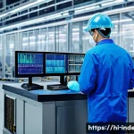 산업공학과 첨단 제조기술 - A high-tech electronics factory interior showing a sophisticated machine learning quality control sy...