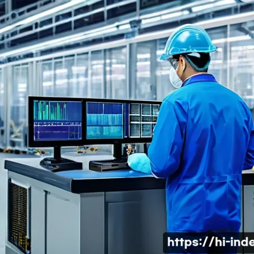 산업공학과 첨단 제조기술 - A high-tech electronics factory interior showing a sophisticated machine learning quality control sy...