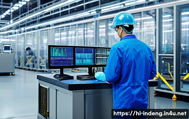 산업공학과 첨단 제조기술 - A high-tech electronics factory interior showing a sophisticated machine learning quality control sy...