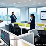 산업공학과 ERP 시스템 - A modern Indian office environment showcasing professionals from diverse backgrounds collaborating s...