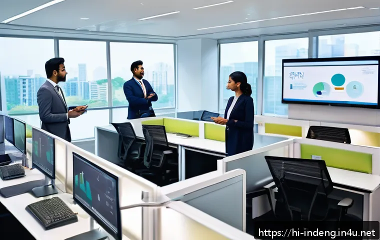 산업공학과 ERP 시스템 - A modern Indian office environment showcasing professionals from diverse backgrounds collaborating s...